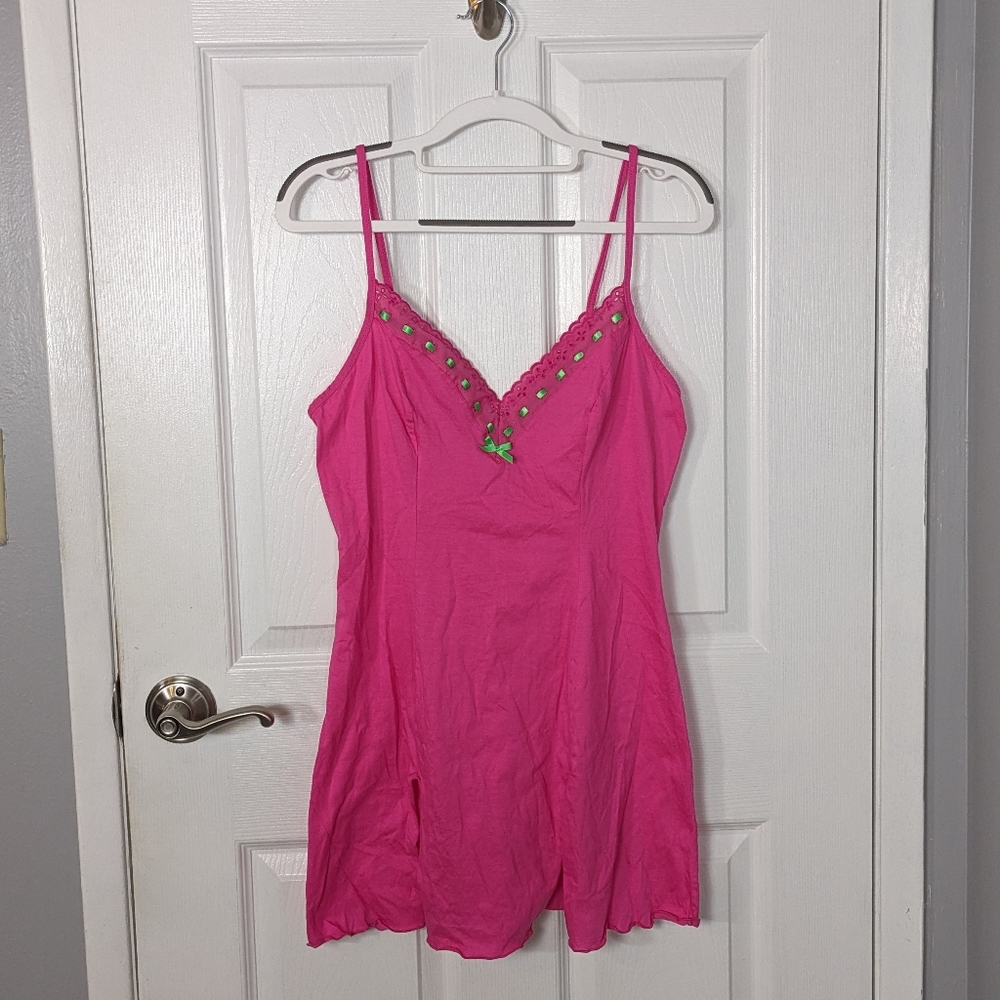 90s Intimissimi Barbie Pink Cotton Slip Dress with Green Ribbon Accents Size L